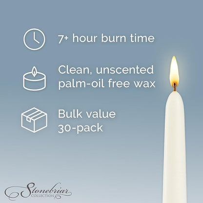 Stonebriar Tall 10" White Unscented 30 Count Taper Candles, 7 Hour Burn Time
