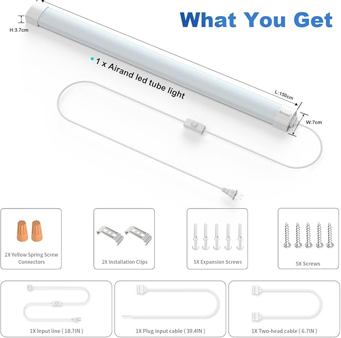 Airand Led Garage Light 5FT Shop Lighting Fixture with Plug in Cord,Waterproof LED Lights 5000K Under Cabinet Lighting Tube Lights 45W for Kitchen Bathroom Workbench