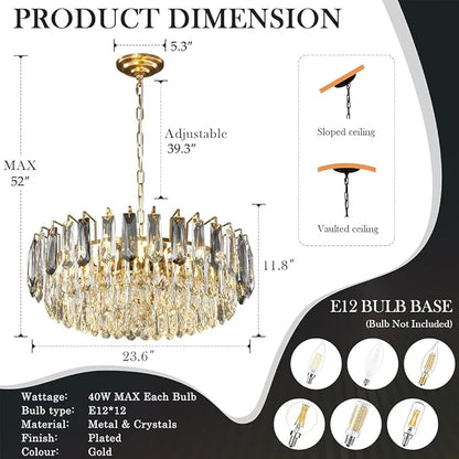 23.6" Modern Crystal Chandelier with Grey Crystal Gold 3-Tier Luxury Pendant Light 12-Light Ceiling Pendant Lighting for Dinning Room Living Room Foyer