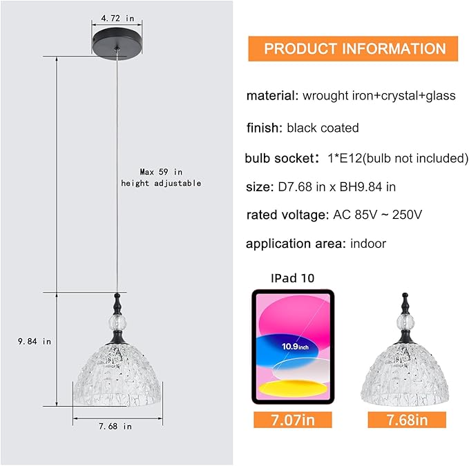 Modern Small Black Glass Pendant Light 7.68 inch Globe Light Fixture with Clear K9 Crystal Adjustable Height Vintage Mini Hanging Lights for Kitchen Island Bedroom Dining Room Living Room