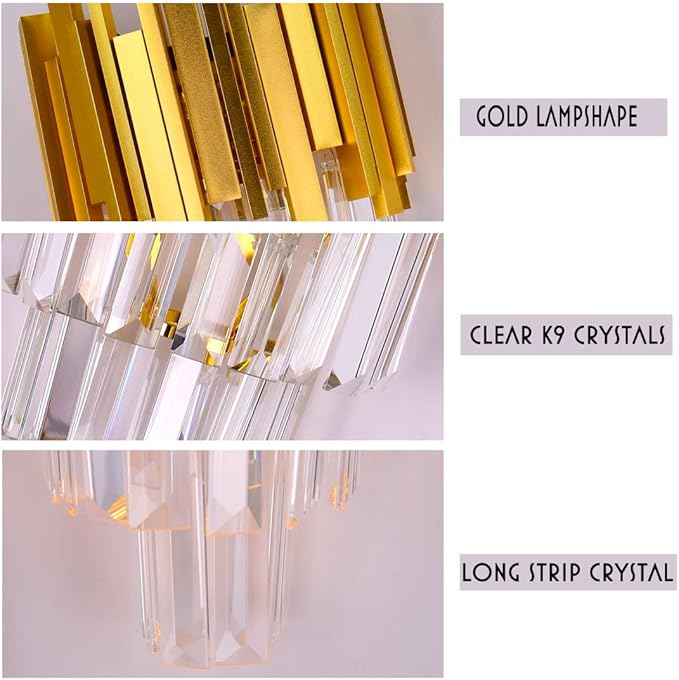 FRIXCHUR Gold Crystal Wall Light 3 Tiers Crystal Wall Sconce Lighting Led Wall Lamp Modern Wall Light Bedside Crystal Wall Lamp for Bedroom Bathroom Living Room Hallway Staircase 2X E12