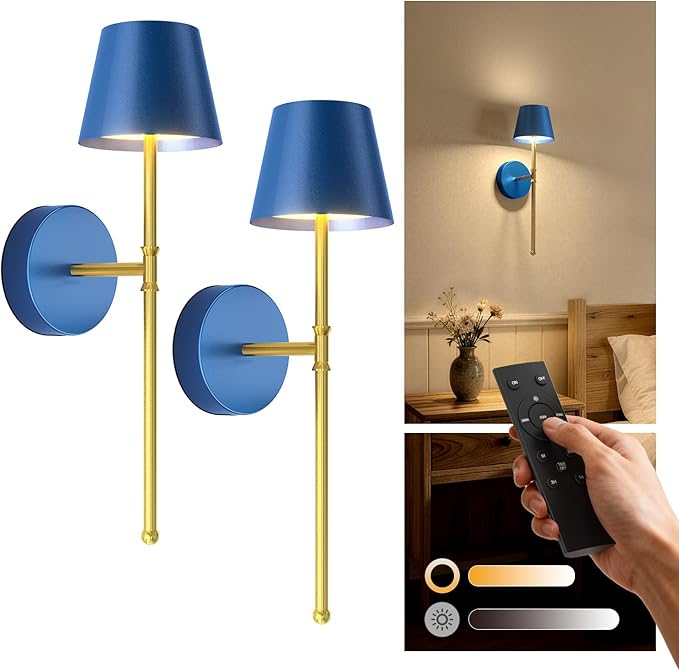 UME Wireless Sconces Set of 2 with Remote, 5200mAh Battery Powered Sconces - Small Rechargeable Sconces w/ 3 Color Temps & 5 brightness levels for Bedroom, Living Room, Wall Painting, Cafe (Blue-gold)