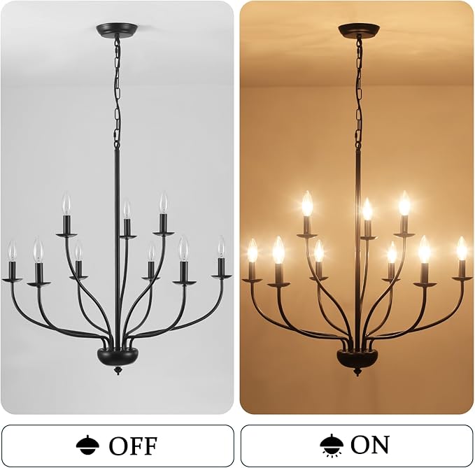 Black Farmhouse Chandelier 9-Light, 2-Tier Modern Candle Chandeliers for Dining Room Light Fixtures, Industrial Hanging Light French Country Chandelier for Bedroom Living Room Foyer Entryway