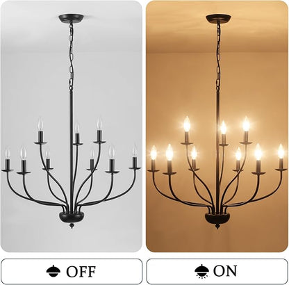 Black Farmhouse Chandelier 9-Light, 2-Tier Modern Candle Chandeliers for Dining Room Light Fixtures, Industrial Hanging Light French Country Chandelier for Bedroom Living Room Foyer Entryway