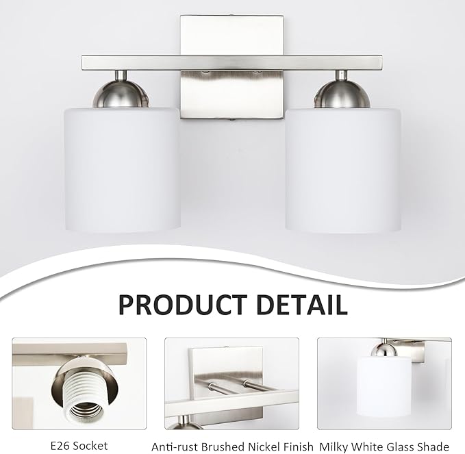 2 Light Brushed Nickel Vanity Lights for Bathroom, Modern Bathroom Light Fixtures Over Mirror, Vanity Light with Milky White Glass Shades, Farmhouse Wall Lights, E26 Socket