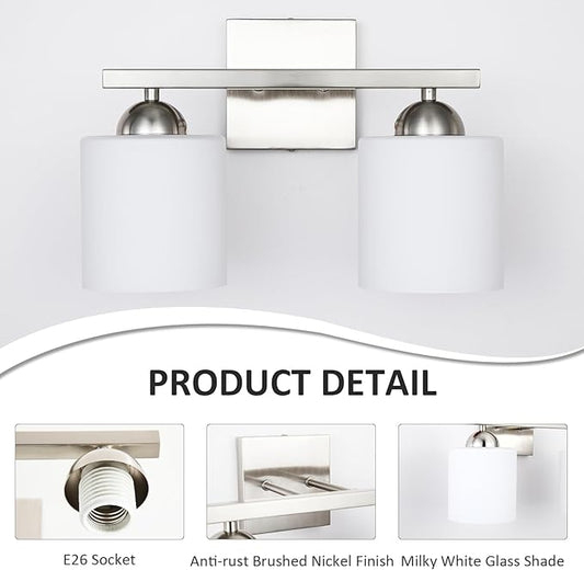 2 Light Brushed Nickel Vanity Lights for Bathroom, Modern Bathroom Light Fixtures Over Mirror, Vanity Light with Milky White Glass Shades, Farmhouse Wall Lights, E26 Socket