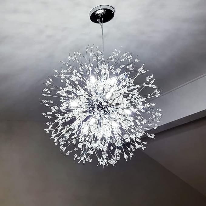 Yiisem Modern Crystal Chandeliers, 9-Light Chrome Dandelion Firework Pendant Lighting, Chandelier Light Fixtures for Dining Room Bedroom Living Room Restaurant Kitchen Hallway