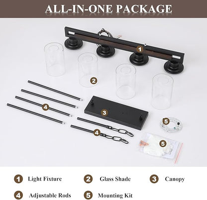 Farmhouse Dining Room Light Fixture, 4-Light Wood Kitchen Island Lighting for Dining Room Over Table, Black Adjustable Pendant Light with Seeded Glass Shades, Linear Chandeliers Lighting for Kitchen