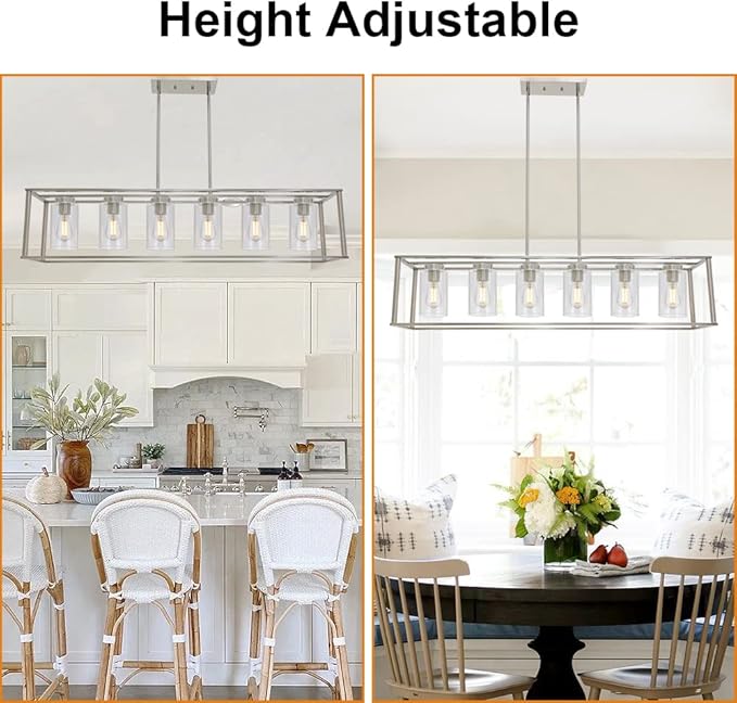 Modern Chandeliers 6 Light Brushed Nickel Dining Room Lighting Fixtures Hanging Rectangular Kitchen Island Pendant Lights Industrial Flush Mount Ceiling Light with Glass Shade