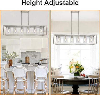 Modern Chandeliers 6 Light Brushed Nickel Dining Room Lighting Fixtures Hanging Rectangular Kitchen Island Pendant Lights Industrial Flush Mount Ceiling Light with Glass Shade