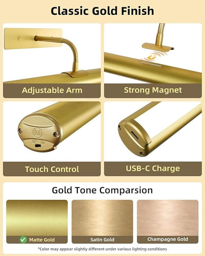 EZVALO 13in Wireless Picture Lights, 4000mAh Rechargeable Art Light with Remote, Dimmable 3 Color Temps, Battery Operated Wall Light for Living Room, Gallery, Painting (Gold, 3 Pack)