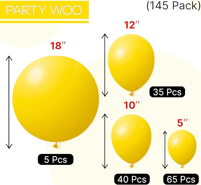 PartyWoo Yellow Balloons 145pcs Different Sizes of 18 12 10 5 Inch Matte Yellow Latex Balloon Arch Kit Garland for Easter Bee Baby Shower Sunflower Birthday Graduation Party Decorations Yellow-Y55