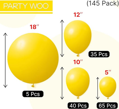 PartyWoo Yellow Balloons 145pcs Different Sizes of 18 12 10 5 Inch Matte Yellow Latex Balloon Arch Kit Garland for Easter Bee Baby Shower Sunflower Birthday Graduation Party Decorations Yellow-Y55