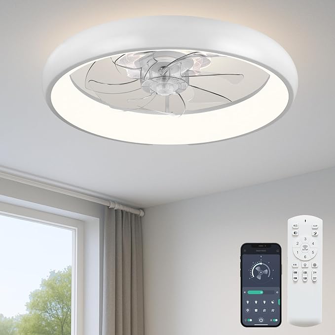 Fszdorj 20'' Ceiling Fan with Light, Upgraded Low Profile Fan, Flush Mount Ceiling Fan, 6 Speeds, Dimmable LED, App & Remote Control, Quiet DC Motor, for Bedroom, Living Room, F109 White