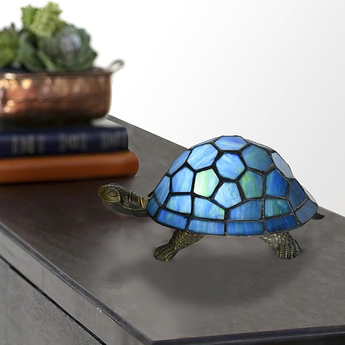 A0020 Tiffany Style Turtle Lamp Handmade Stained Glass Animal Night Light for Bedside Livingroom Bedroom, LED Bulb Included (Blue)