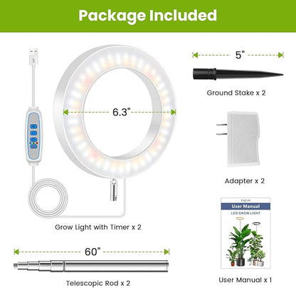 Kullsinss White Grow Light, Full Spectrum LED Plant Lights for Indoor Growing with 6/12/16H Timer, 3 Color Modes, 5 Brightness, 10"-65" Height Adjustable Growing Lamp for Large Indoor Plants, 2 Pack