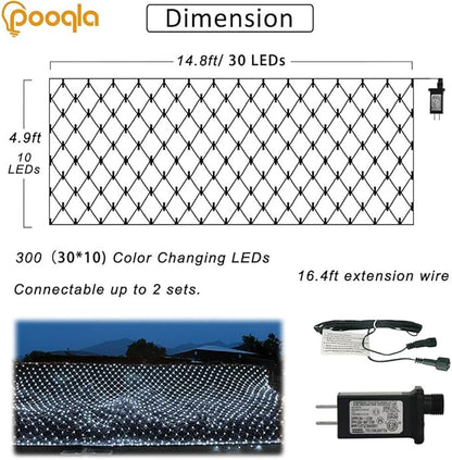 Pooqla Net Lights, 300LED Christmas Outdoor Mesh Light, 14.8x4.9 ft Fairy String Mesh Light 8 Modes Green Wire, Connectable Waterproof Net Lights for Bushes Tree Yard Christmas Decor, Cool White