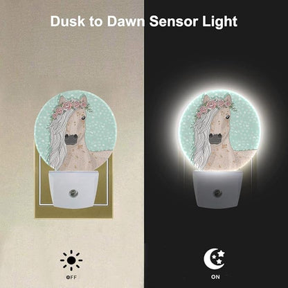 EKOBLA Watercolor Horse Plug-in Night Light, Horse with Floral Wreath LED Nightlight with Dusk to Dawn Sensor for All Ages
