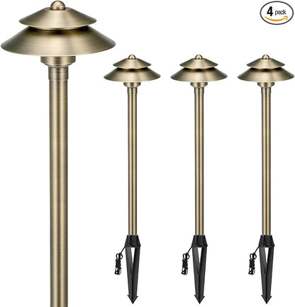 Gardencoin Solid Brass Low Voltage Landscape Pathway Lights (6'' Shade, 19'' Tall), 12V LED Heavy Duty Path Lighting Outdoor Wired, Waterproof Antique Bronze Walkway Light Without G4 Bulb, 4 Pack