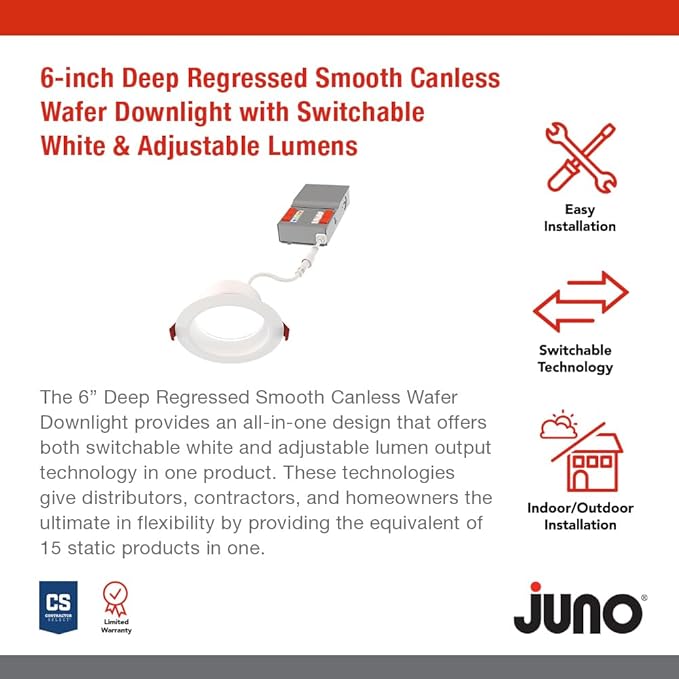 Juno LED Recessed Lights 6 Inch Round Wafer Downlight, 5-in-1 Switchable White Color Temperature, Adjustable Brightness, Deep Regressed Smooth Trim, 6-Inch, Matte White, 6-Pack