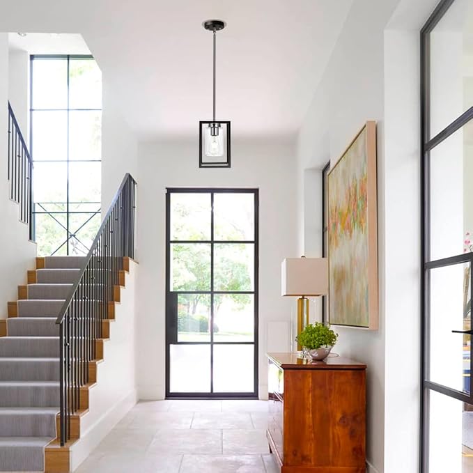 Single 1 Light Black and Brushed Nickel Modern Glass Pendant Light Industrial Modern Metal Chandelier with Clear Glass Shade for Dining Room Kitchen Island Foyer Cafe