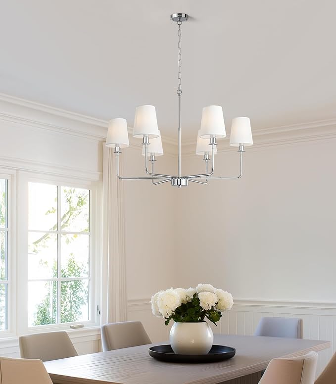 6-Light Chrome Farmhouse Chandelier with Linen Shades, E12 Base Industrial Ceiling Light Fixture, Adjustable Chain for Sloped Ceilings, Kitchen Island & Dining Room Fixture