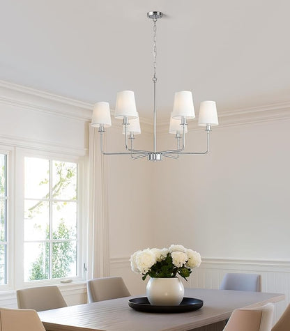 6-Light Chrome Farmhouse Chandelier with Linen Shades, E12 Base Industrial Ceiling Light Fixture, Adjustable Chain for Sloped Ceilings, Kitchen Island & Dining Room Fixture