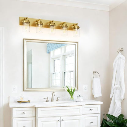IZORRO Bathroom Vanity Light Fixture, 5-Light 36 Inch Gold Bathroom Light Fixtures Over Mirror, with Clear Glass Shade, Modern Farmhouse Vanity Lights, Rustic Restroom Lighting Fixtures