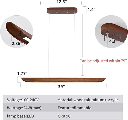 39" Wood Linear Pendant Light Modern Dimmable Kitchen Island Lighting with Remote 24W LED Island Lights Adjustable Linear Chandelier for Dinning Room Light Fixture, Bar, Pool Table Light Walnut Color