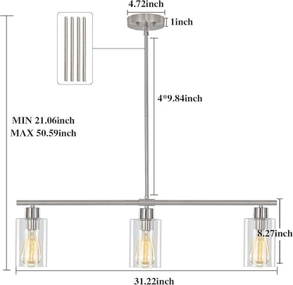 ETONIMERR Brushed Nickel Glass Pendant Lighting Over Island 3 Light Modern Kitchen Pendant Light with Glass Shade Industrial Linear Pendant Lighting for Kitchen Island