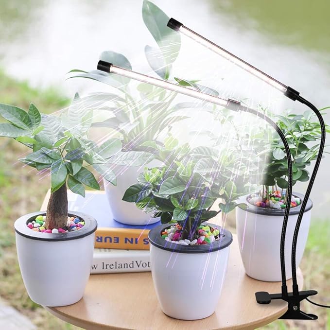 Plant Grow Light - 6000K Full Spectrum with Adjustable Red & White LEDs, 10-Level Dimming, USB Powered Clip-On Lamp for Indoor Plants, Timer Function (2 Head)