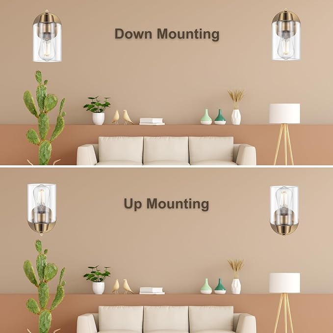 Set of Two Modern Wall Sconces,1-Light Gold Vanity Light Fixtures, Matte Brass Farmhouse Wall Mount Lights with Metal Clear Glass for Bathroom Mirror Living Room Bedroom Hallway E26 Base