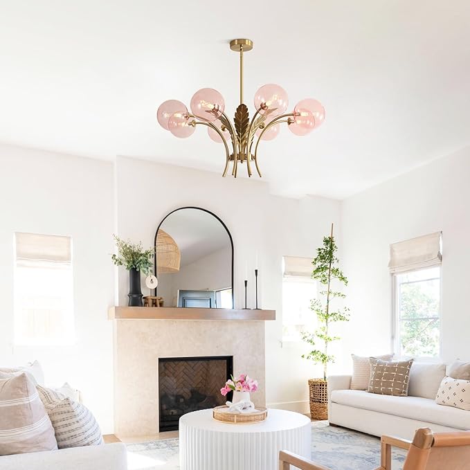 BOKT 8 Pink Ceiling Light Fixture Large Sputnik Vintage Gold Farmhouse Chandelier Rustic Lighting Glass Globe Pendant Lights for Dining Bedroom Living and Girls Room G9 Bulb Included