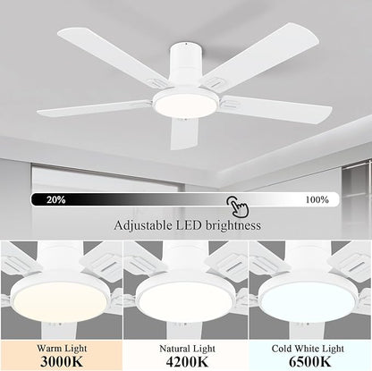 SNJ 52 Inch White Ceiling Fans with Lights and Remote,Flush Mount Low Profile 5 Blades Ceiling Fan,Dimmable Quiet Reversible DC Motor for,Living Room,Bedroom and Patio