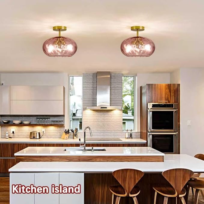 Luafac Red Glass Semi Flush Mount Ceiling Light - 12 Inch Hammered Glass Hallway Light fixtures, Vintage Gold Flush Mount Ceiling Light,Mid Century Light Fixture for Entryway Laundry Room Foyer Porch