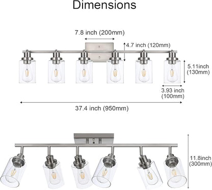 6 Light Track Lighting Kit Brushed Nickel Kitchen Track Lighting Fixtures Ceiling Mount Bathroom Vanity Wall Scones Light Fixture with Clear Glass, Rotatable Spotlight for Kitchen Shop Hallway