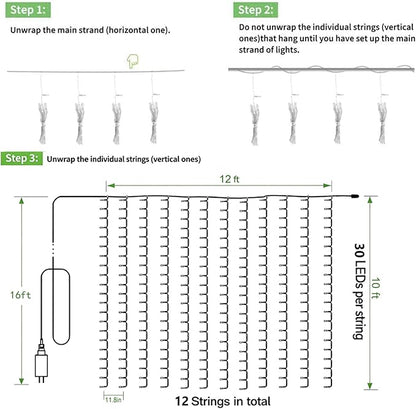 Solhice LED Curtain Lights Outdoor 12ft x10ft, 360 LED Plug in Hanging String Lights Indoor Bedroom, Twinkle Light Backdrop for Outside Wedding Decor, Warm White (Not Connectable)