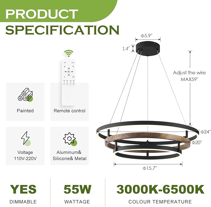 Benkut Modern LED Chandelier Black Dimmable 3 Ring Pendant Light for Dining Room, Kitchen Chandelier Circular with Remote Control Flush Mount High Ceiling Light for Living Room, 3000K-6500K