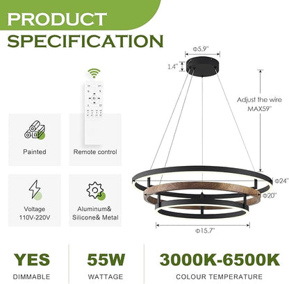 Benkut Modern LED Chandelier Black Dimmable 3 Ring Pendant Light for Dining Room, Kitchen Chandelier Circular with Remote Control Flush Mount High Ceiling Light for Living Room, 3000K-6500K