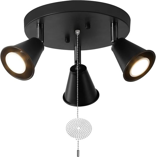 3-Light Industrial Directional Track Lighting with Pull Chain On/Off, Black Ceiling Spotlight, Morden Flush Mount Kitchen Light for Hallway,Dining Room,Porch,Office.Gu10 Bulbs Included