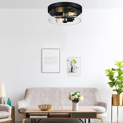 Black Flush Mount Ceiling Light Fixtures, 2-Light Ceiling Mount for Farmhouse with Seeded Glass Lampshade, Industrial Flush Mount Light Fixture Farmhouse for Hallway, Kitchen, Entryway and Foyer