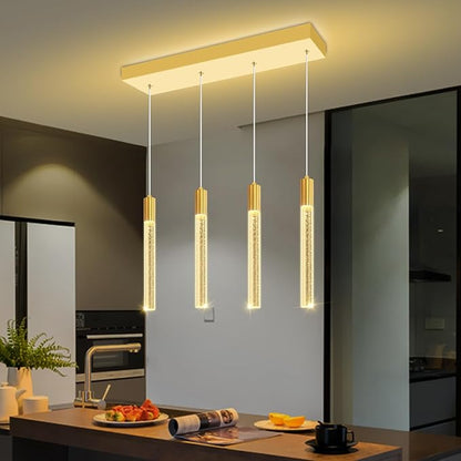Modern 4-Light Gold Crystal Column Pendant Light Rectangular Crystal Chandelier LED Hanging Light for Dining Room Living Room, Hallway, Bedroom