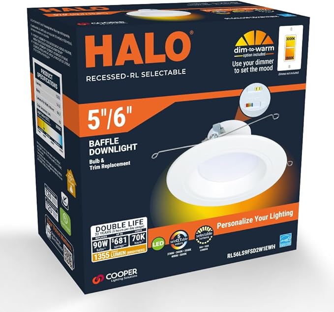 HALO RL 5/6 in LED Recessed Light Retrofit Selectable CCT 2700K, 3000K 3500K 4000K 5000K Dimmable Dim to Warm 900/1200 Lumens Wet Location Indoor Outdoor Ceiling Downlight RL56LS9FSD2W1EWH