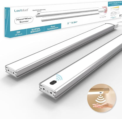 Leetdud Hand Wave Under Cabinet LED Lighting Plug in, 10 Inch 2 Pcs Dimmable Linkable Ultra Thin Aluminum Alloy Housing, 4000K Natural White Motion Sensor Counter Lights for Kitchen, Shelf, Cupboard