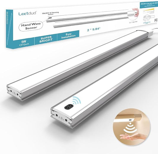 Leetdud Hand Wave Under Cabinet LED Lighting Plug in, 10 Inch 2 Pcs Dimmable Linkable Ultra Thin Aluminum Alloy Housing, 4000K Natural White Motion Sensor Counter Lights for Kitchen, Shelf, Cupboard