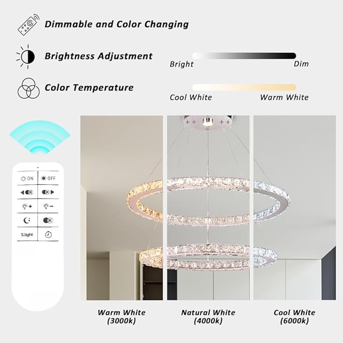 Finktonglan Dimmable Crystal Chandelier, Modern 2 Ring Oval LED Chandelier with Remote & App Control, 23.6"+20" Adjustable Pendant Light, 3 CCT 2500K/4500K/6500K, Kitchen Island Dining Room Bedroom