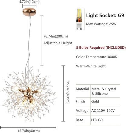Firework Crystal Chandeliers, 8-Light Gold Dandelion Chandelier Lighting, 15.7" Stainless Steel Small Sputnik Chandelier Lights for Kitchen Island Bedroom