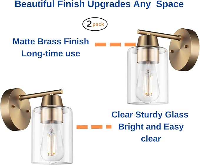 Set of Two Modern Wall Sconces,1-Light Gold Vanity Light Fixtures, Matte Brass Farmhouse Wall Mount Lights with Metal Clear Glass for Bathroom Mirror Living Room Bedroom Hallway E26 Base