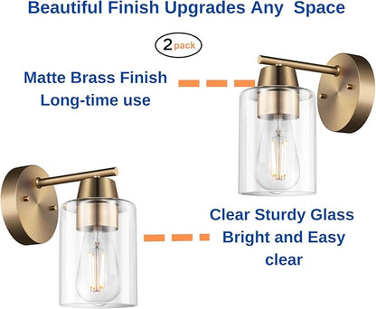 Set of Two Modern Wall Sconces,1-Light Gold Vanity Light Fixtures, Matte Brass Farmhouse Wall Mount Lights with Metal Clear Glass for Bathroom Mirror Living Room Bedroom Hallway E26 Base