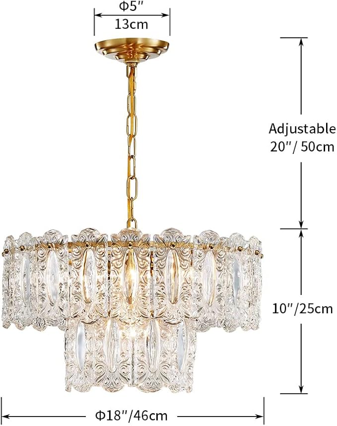 AGV LIGHTING Elegant Glass Chandelier Light Fixture, Modern Vintage Pendant Chandelier Lighting for Dining Room, D18 x H10, 2- Tier Shade & Brass Gold Finish